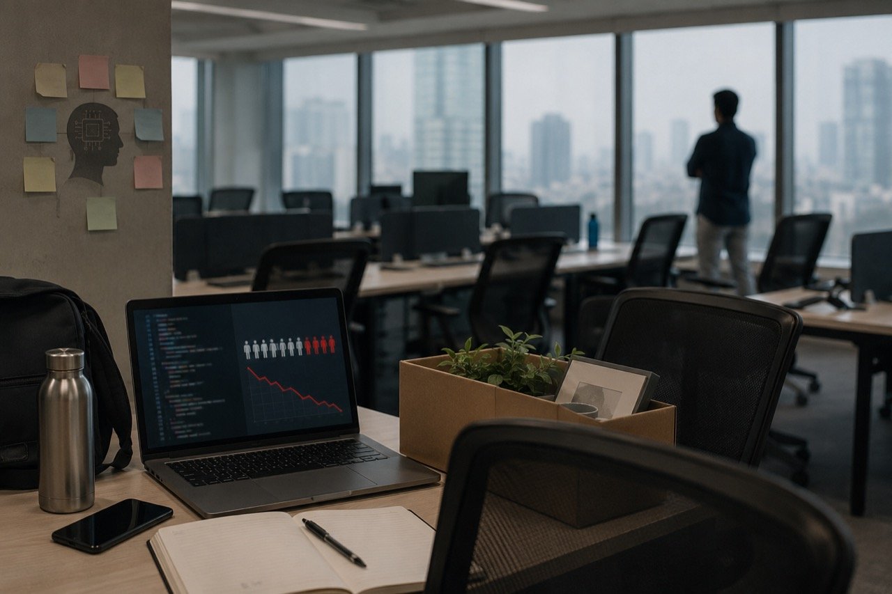 Rows of empty desks in a modern Indian IT office with laptops closed, symbolising tech layoffs, as an AI circuit-board motif glows in the background