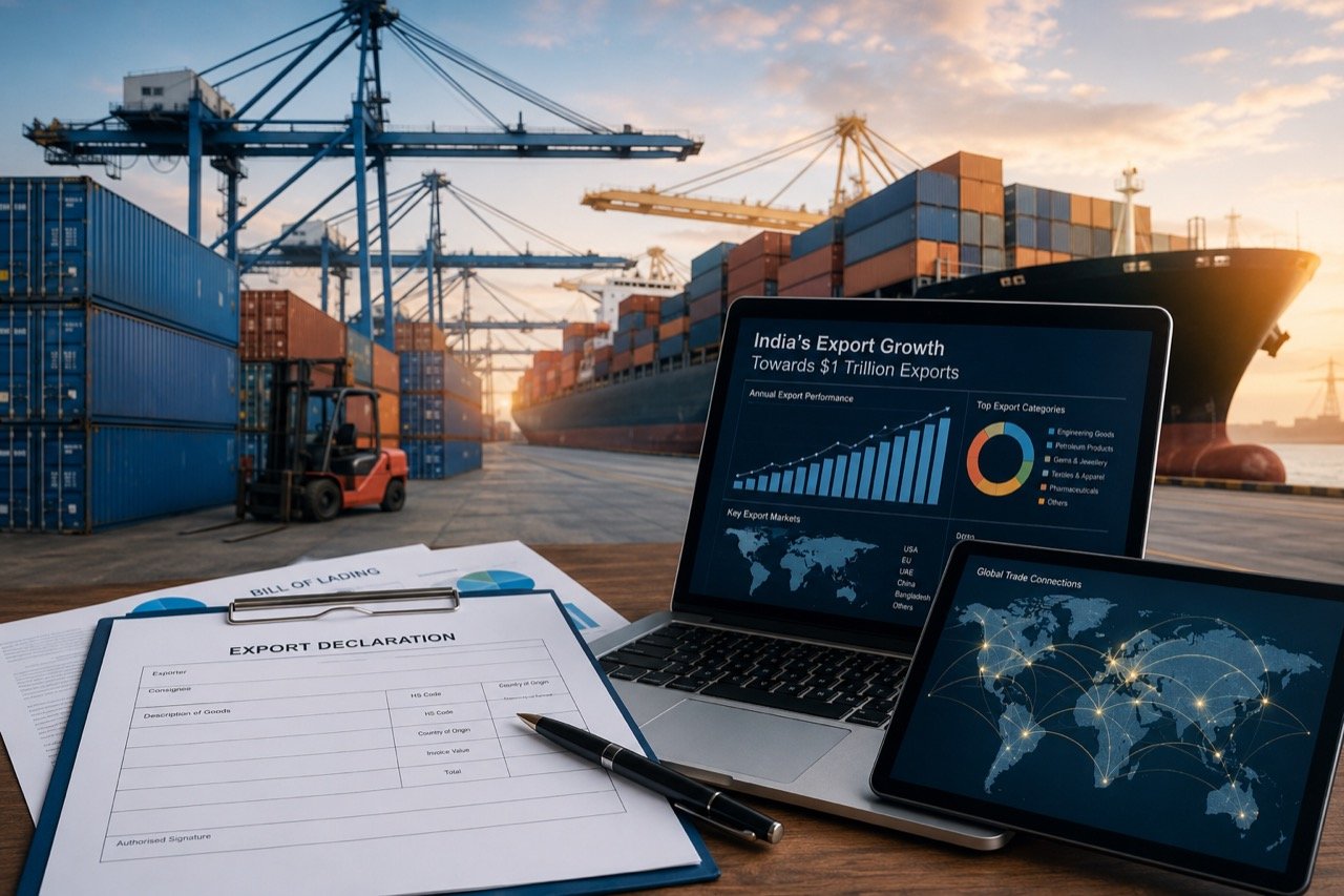 Stacked shipping containers and cranes at a busy Indian port at dusk, with cargo ships being loaded for export against a glowing skyline
