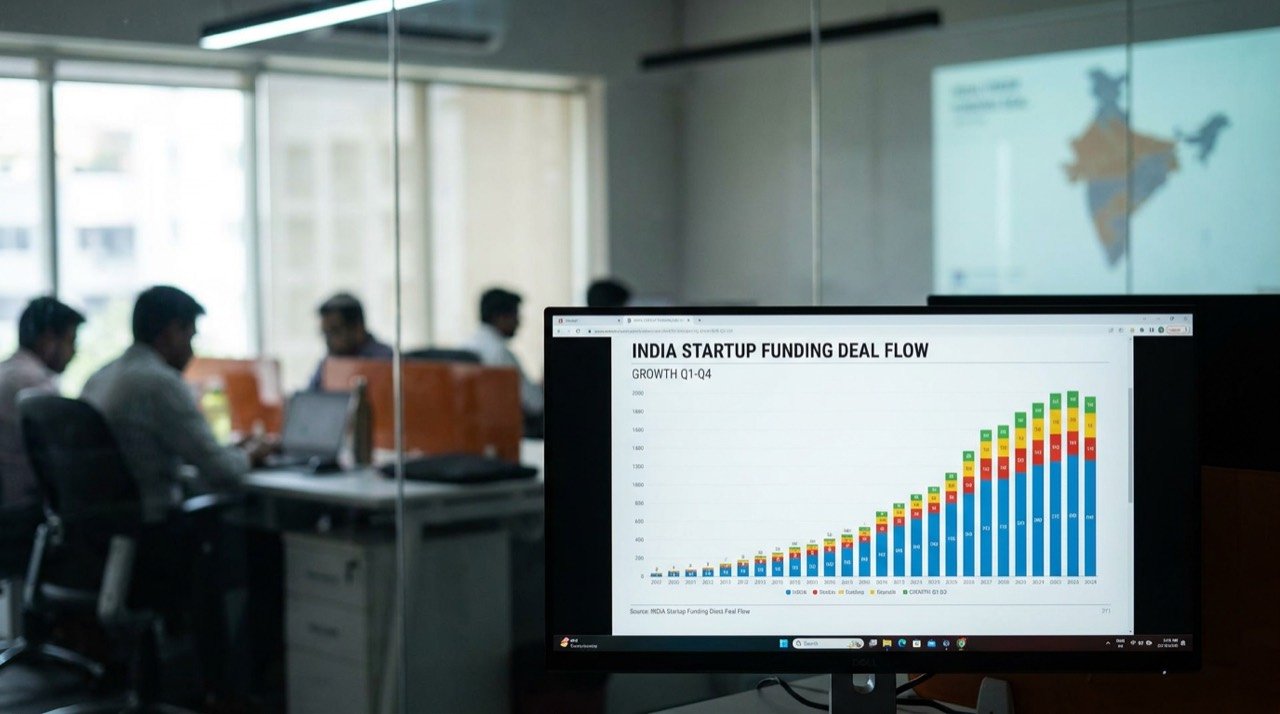 A digital chart showing startup funding deal flow with rising bars on a screen in an office.