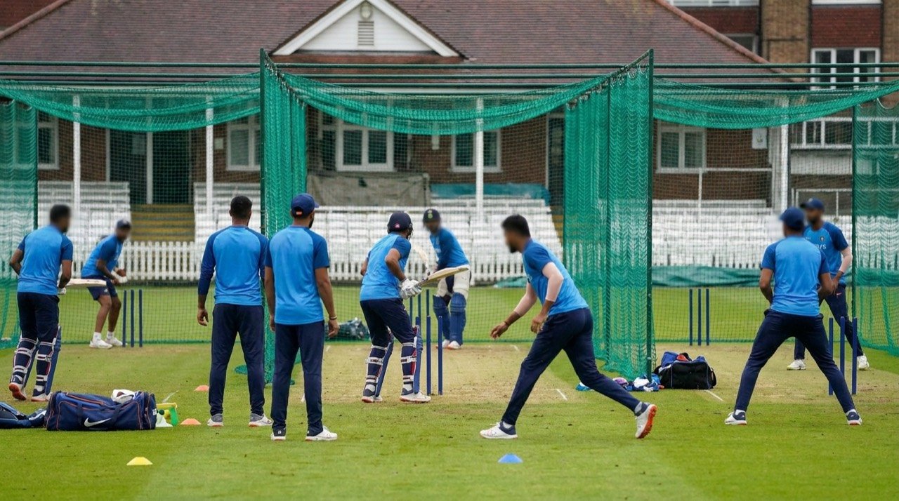 Indian cricketers training in coloured kit ahead of a Twenty20 international tour of England.