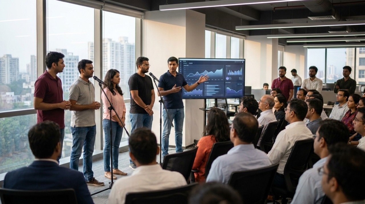 A line of startup founders presenting at a venture capital pitch event in a modern office.