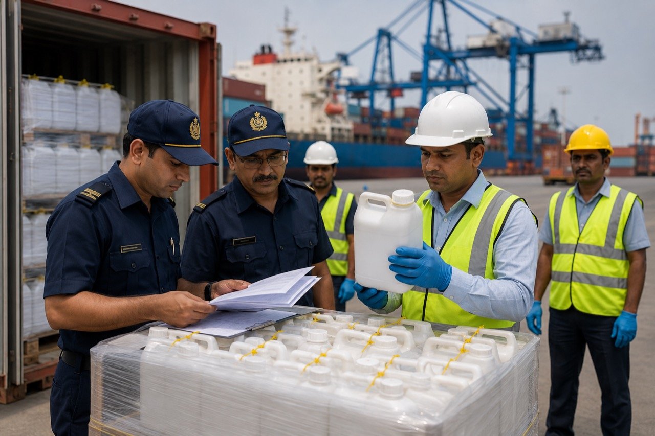 Shipping containers of agrochemical drums at an Indian port being inspected by customs officials, with a farm field visible in the background