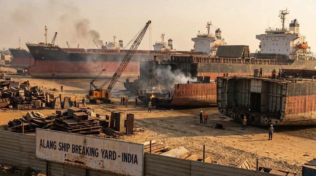Ships being dismantled at the Alang ship-recycling yard as India leads global ship recycling in 2025