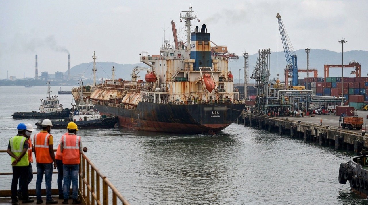 LPG tanker docking at an Indian port as the country diversifies cooking gas imports from the United States
