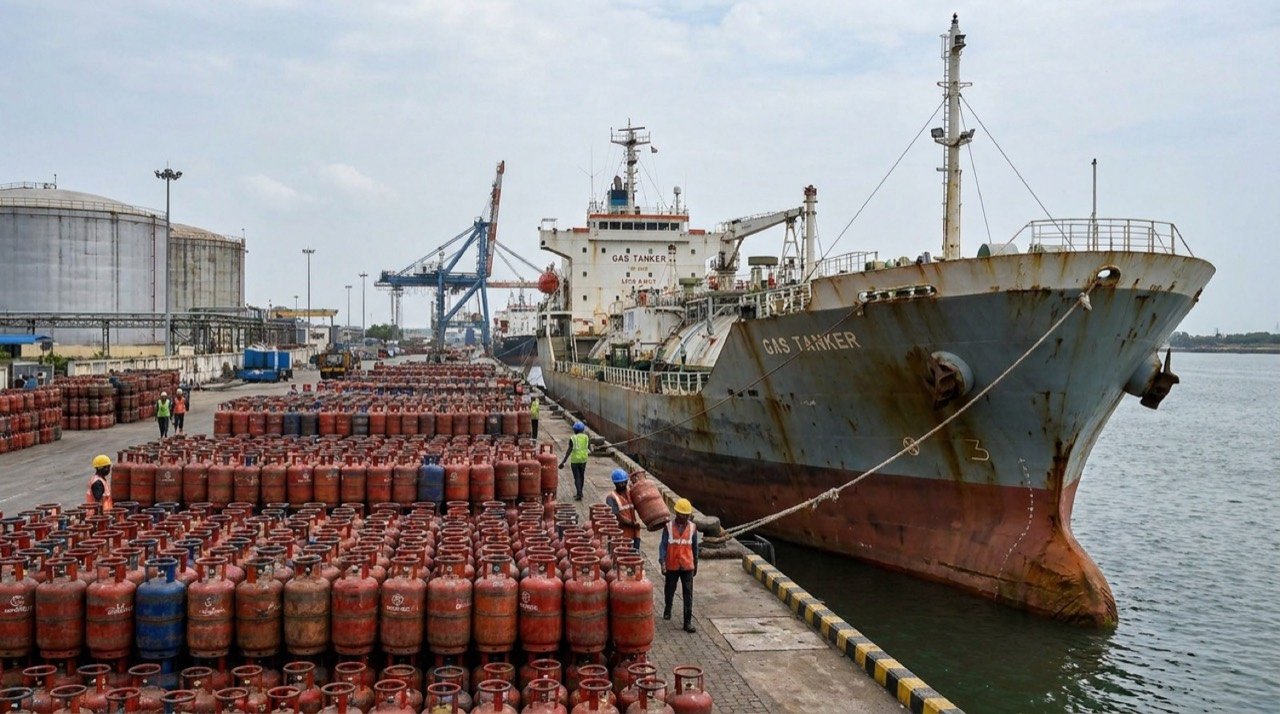 LPG cylinders and a gas tanker at an Indian import terminal as US cooking-gas shipments to India reach a record high in June 2026.