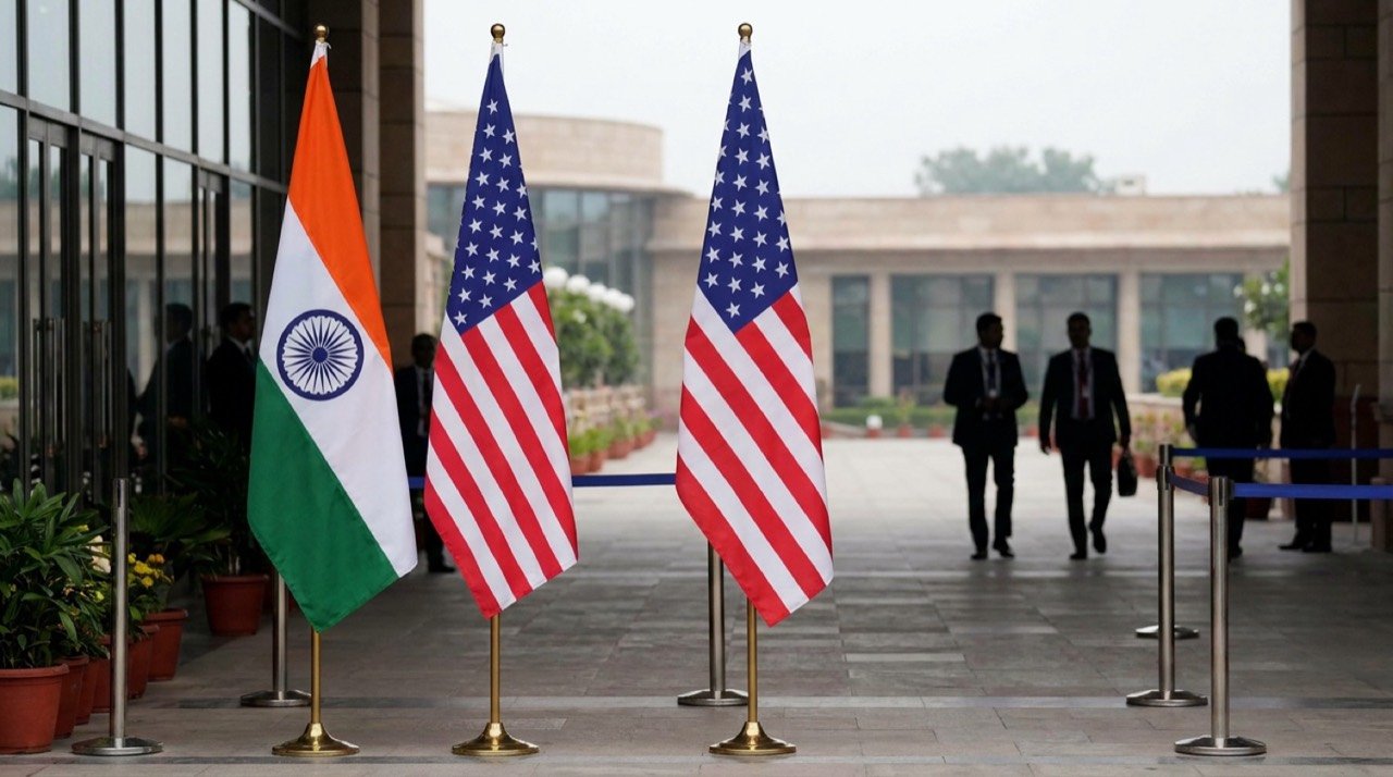 Indian and United States flags side by side ahead of bilateral trade negotiations in New Delhi