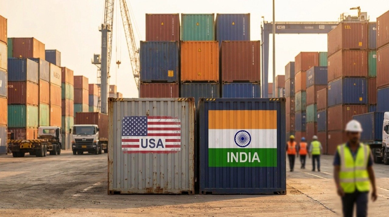 Shipping containers at an Indian port symbolising export-focused India-US trade negotiations on preferential market access