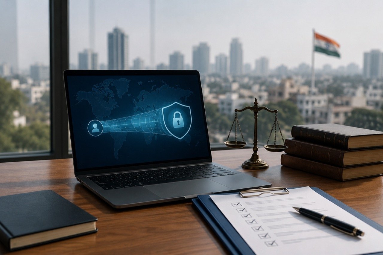 Laptop screen displaying a VPN shield icon and connection map, overlaid with the outline of India and a padlock symbolising digital privacy regulation