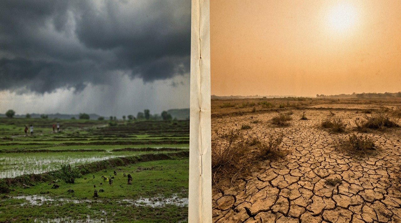 A map-like split scene of monsoon clouds over western India and a parched sun-baked landscape in the east.