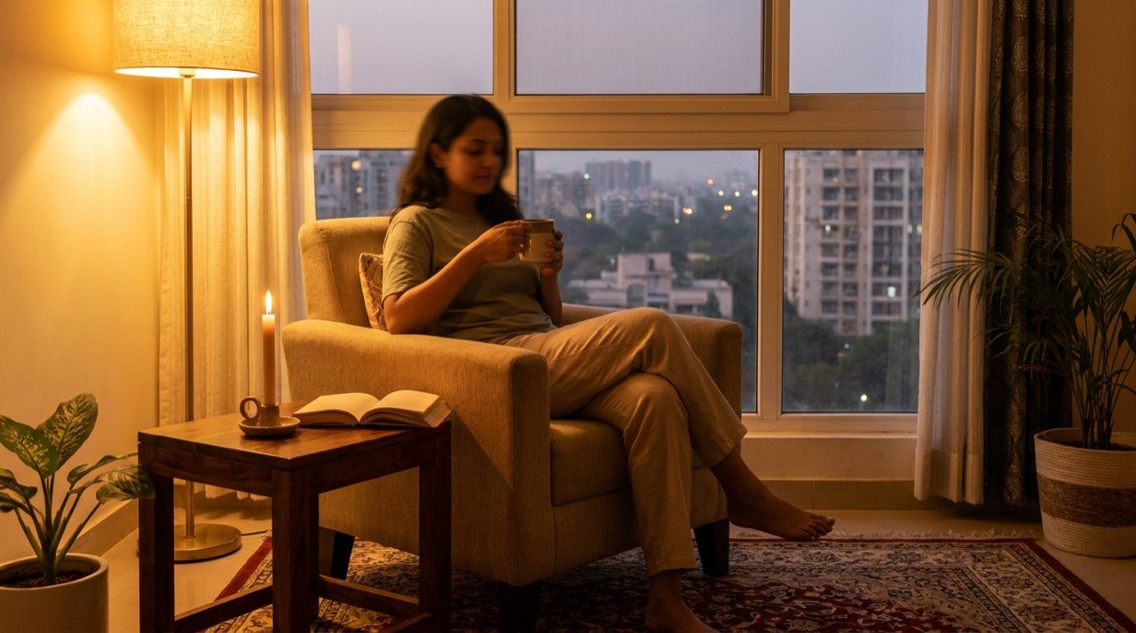 A person practising calm evening wind-down routines with herbal tea and dimmed lighting for better sleep.