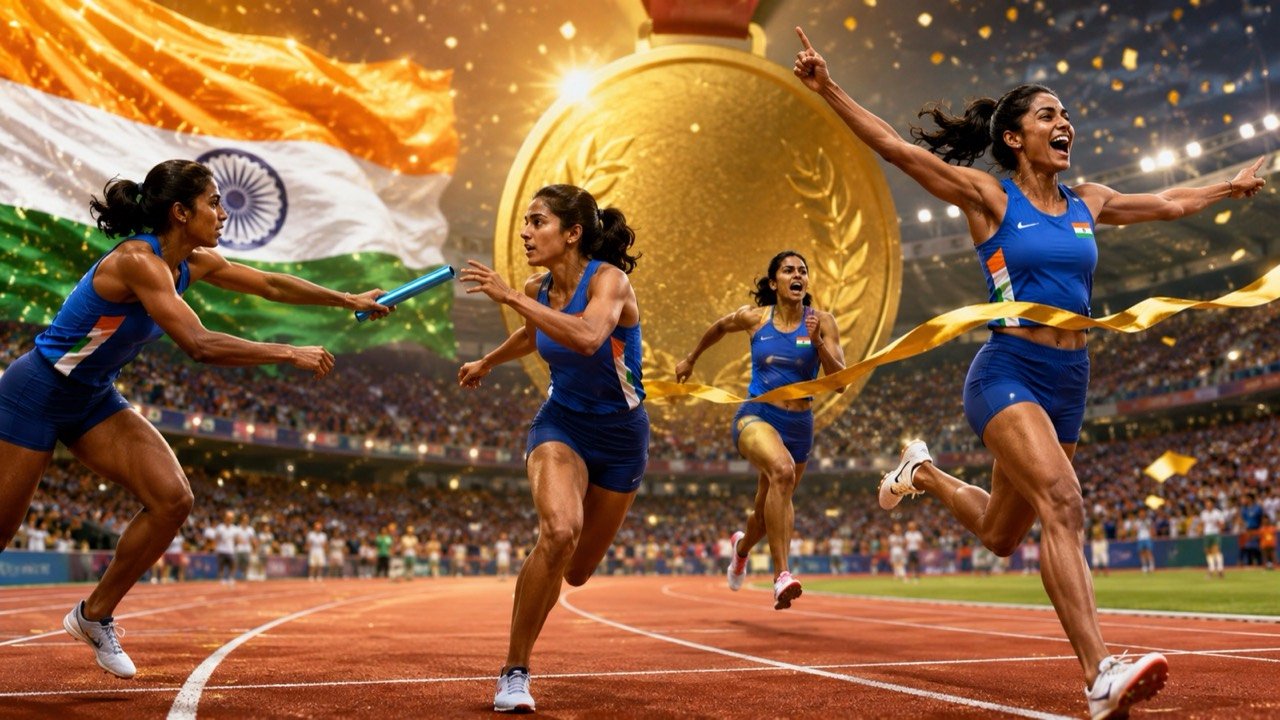 India women's 4x100m relay team celebrating gold at the Asian Relays Championships 2026