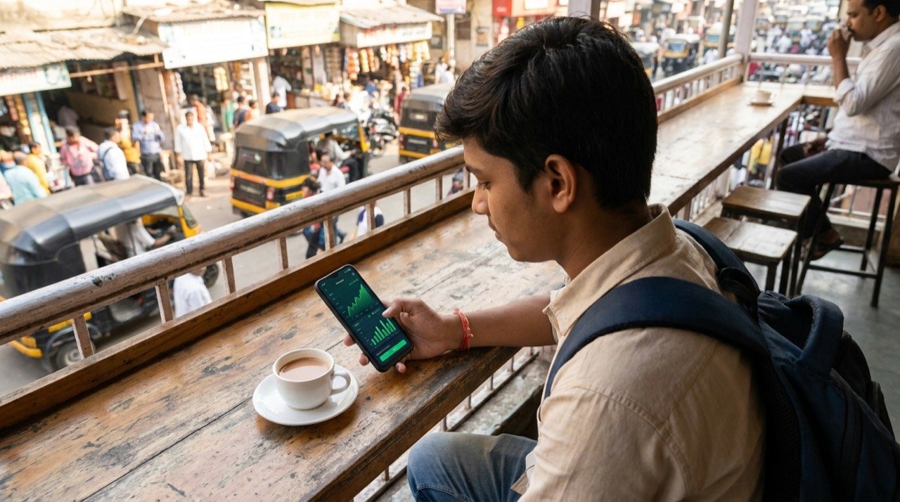 A young person reviewing a mutual fund SIP portfolio on a smartphone with rising chart lines.