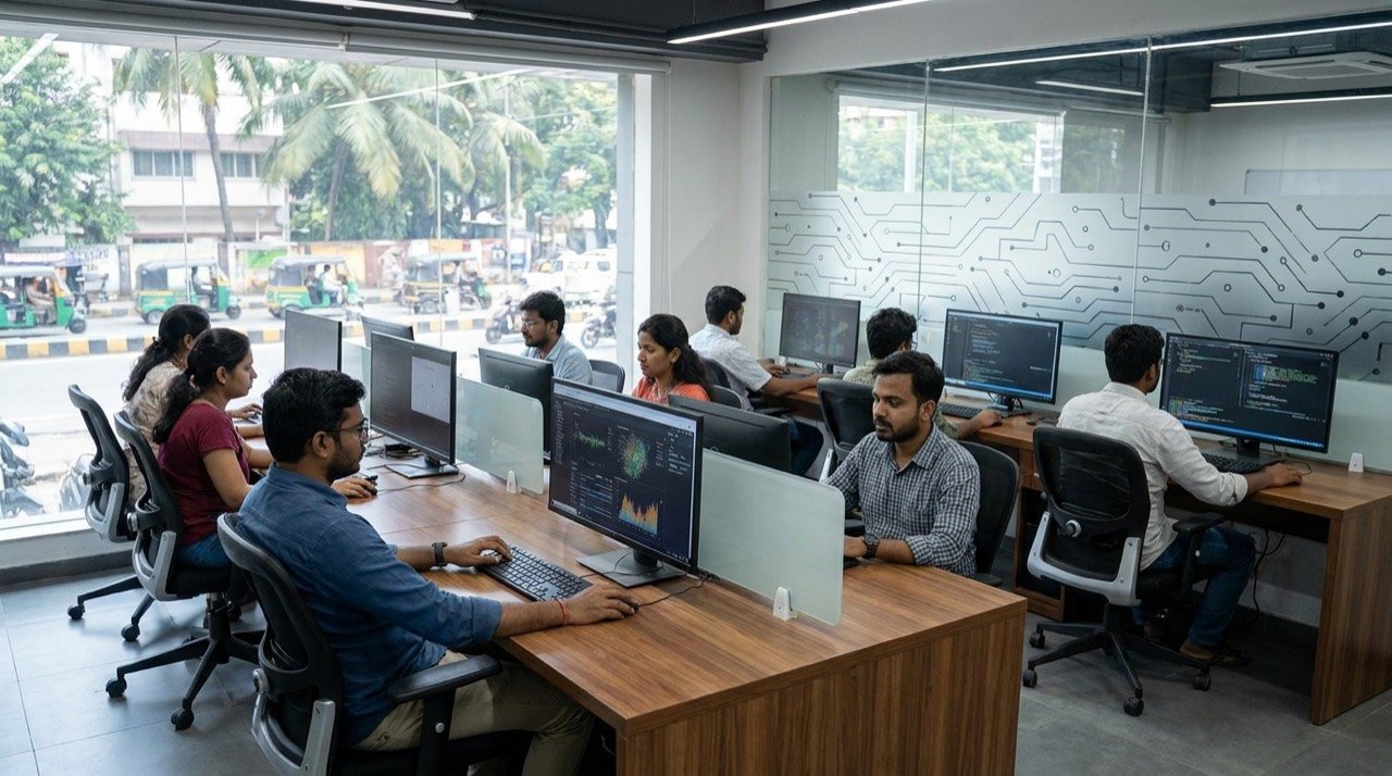 Researchers working at computer terminals in a modern artificial intelligence laboratory.