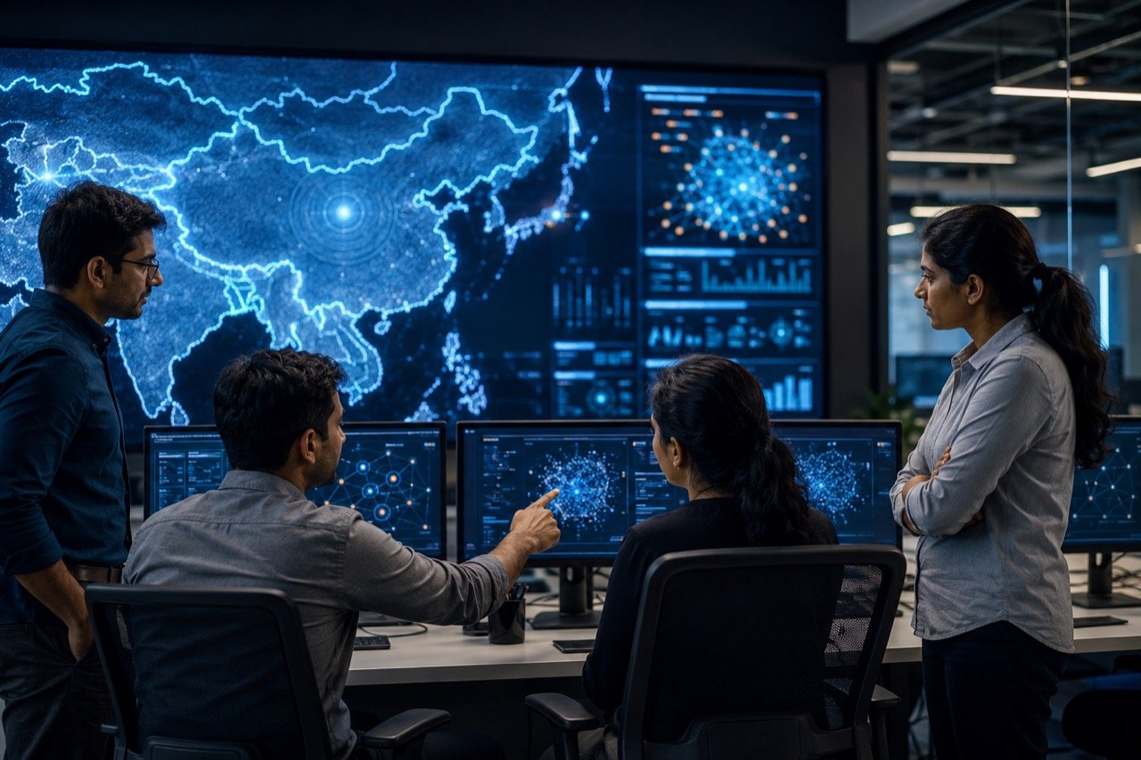 Indian technology executives comparing AI model options on screens, with US and Asian network maps and neural circuit graphics in the background