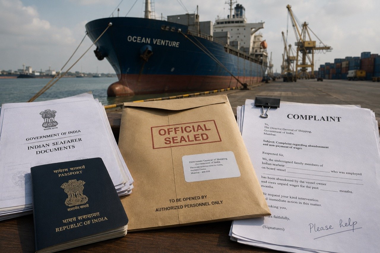 A cargo ship at anchor off a distant port at dusk, evoking an Indian seafarer stranded far from home and a family waiting for news