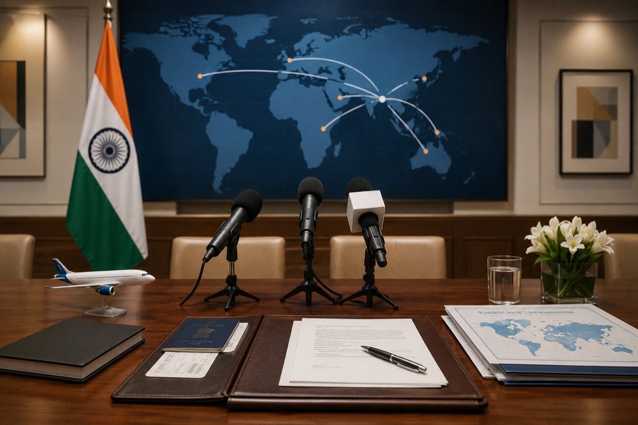 India's External Affairs Minister at a podium with the UN Security Council chamber and flags of Gulf nations, the US and Belgium arrayed behind him