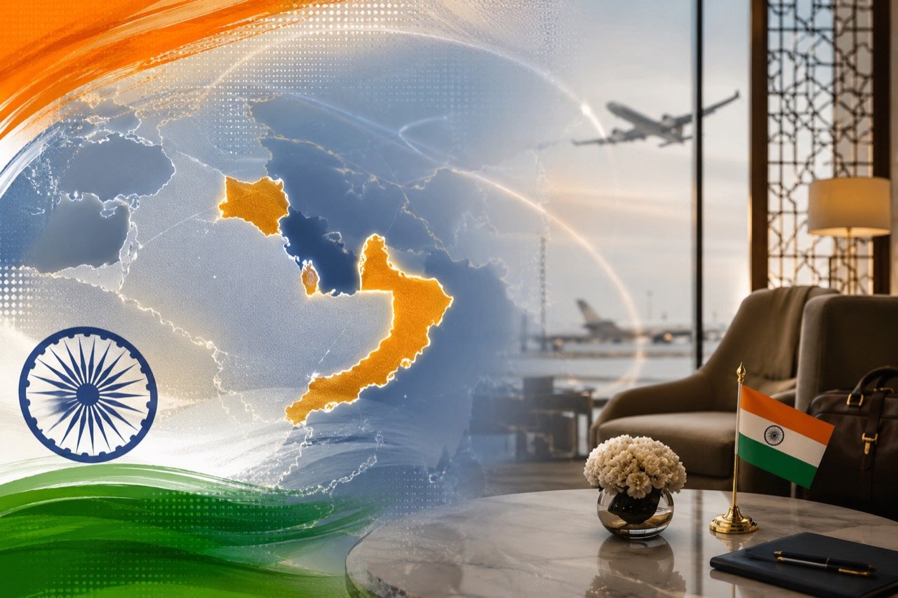 India's External Affairs Minister at a diplomatic meeting with Gulf state officials, national flags of India and Gulf nations displayed behind a polished conference table