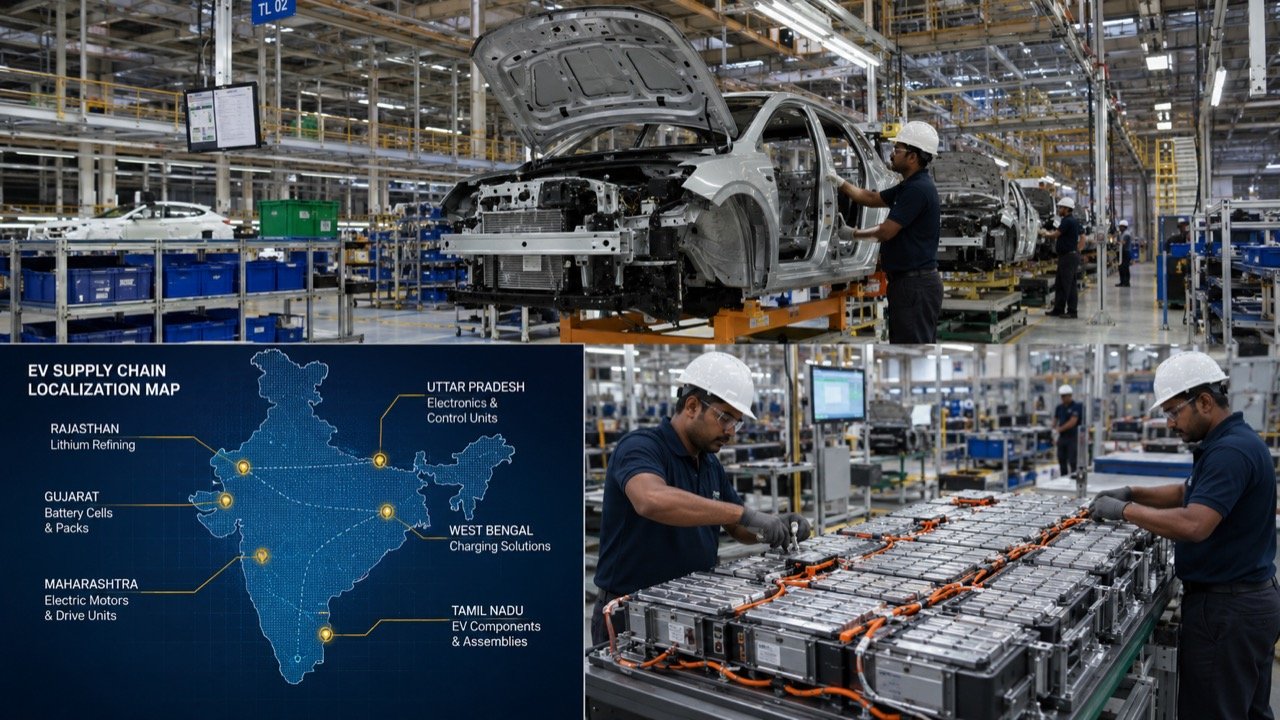 Electric vehicles on an Indian assembly line with battery packs and components, illustrating JSW MG Motor's localisation drive