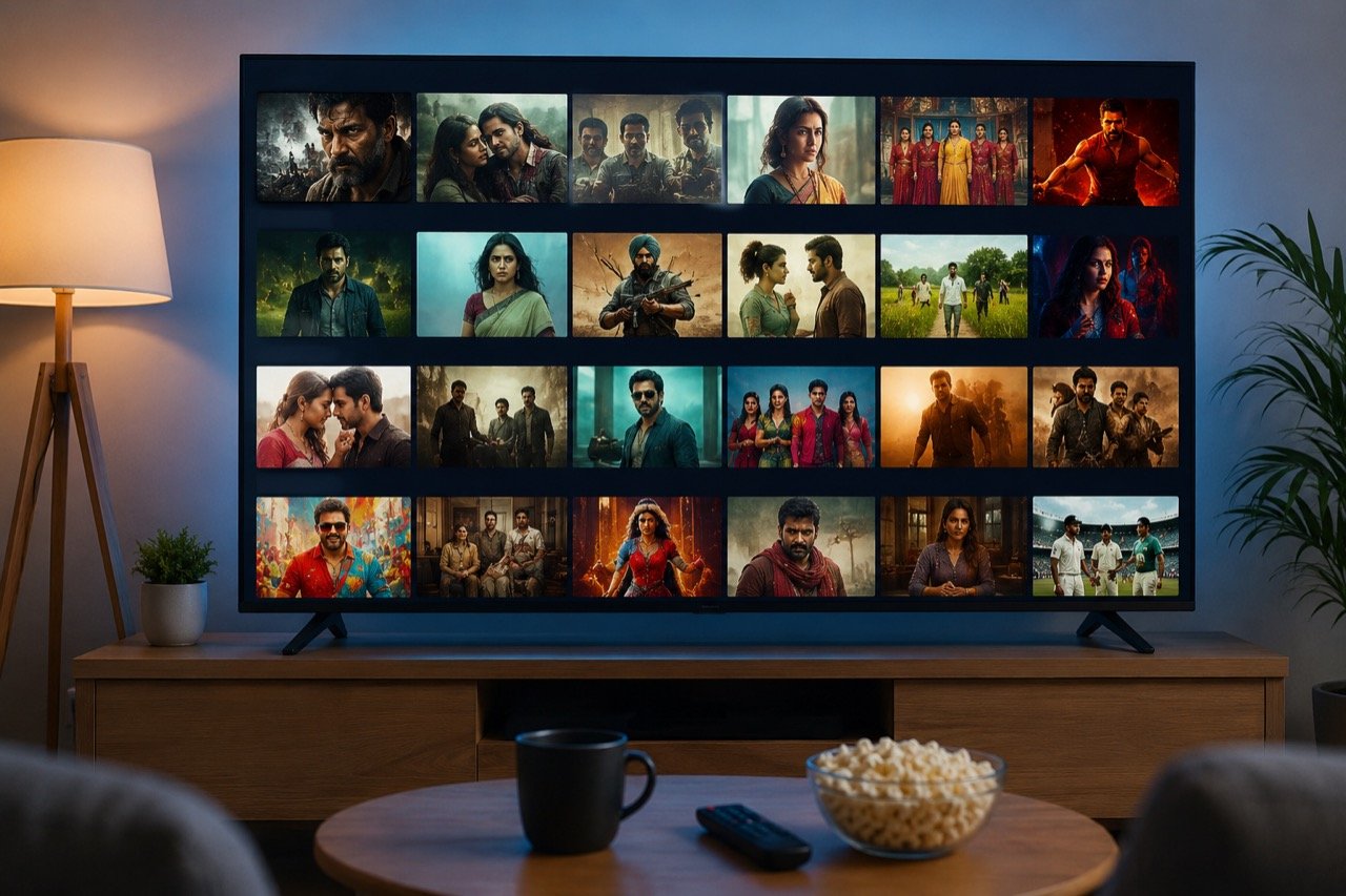 A living room television displaying a streaming platform menu filled with Indian film and series thumbnails in multiple languages