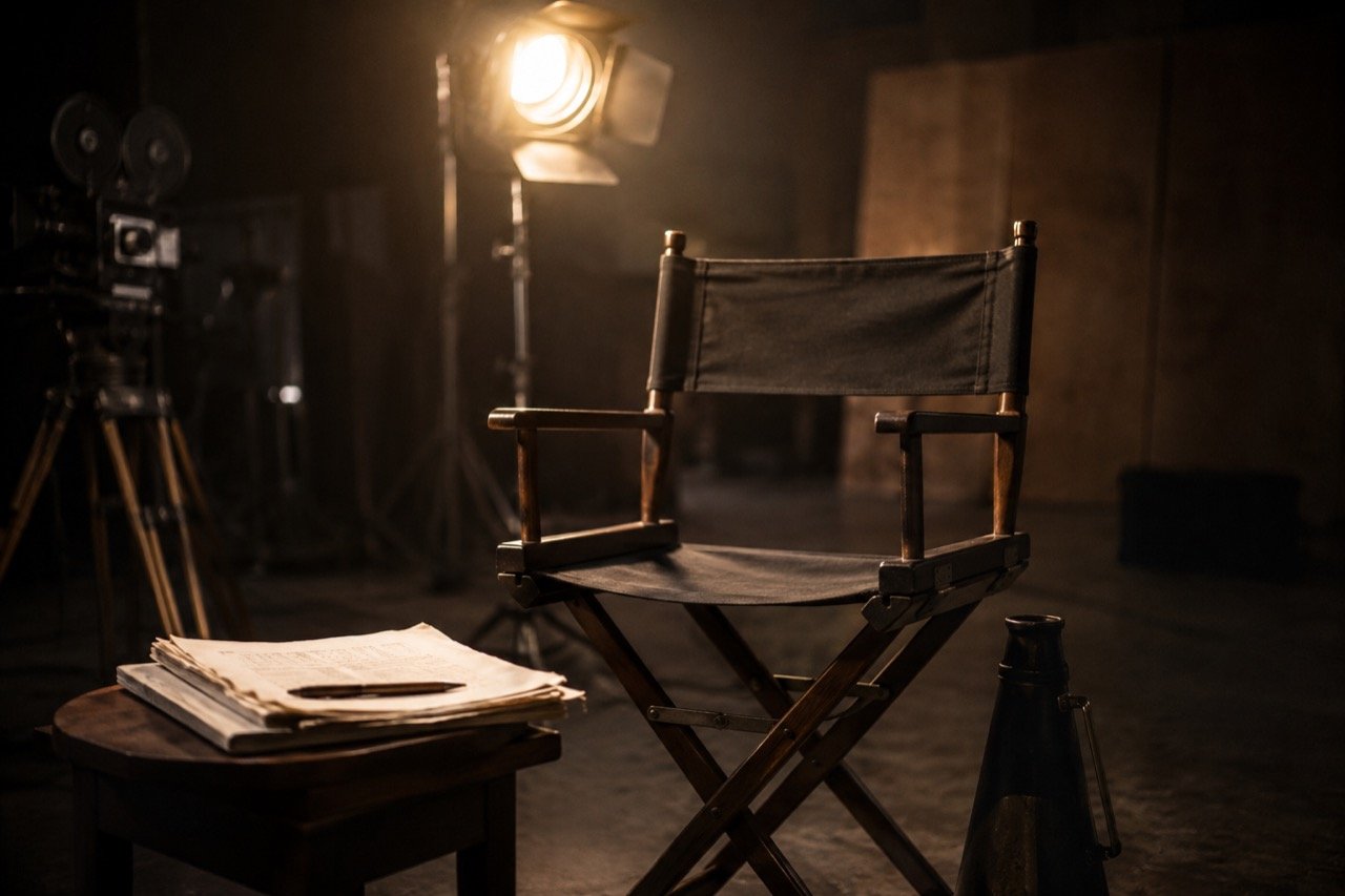 A vintage film reel and handwritten screenplay pages on a desk lit by a warm lamp, evoking the golden era of Tamil cinema writing