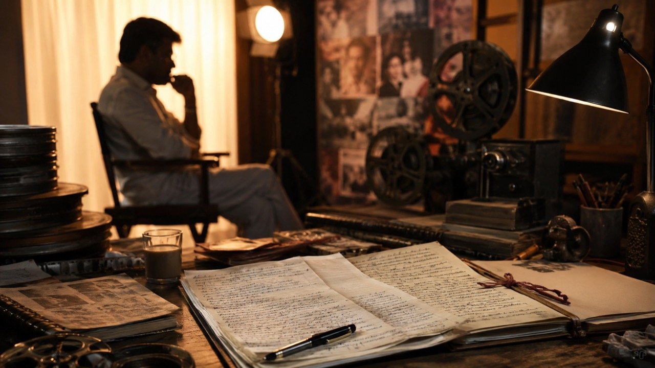 AI illustration of a vintage Tamil film set with script pages and a director's chair under warm studio lights