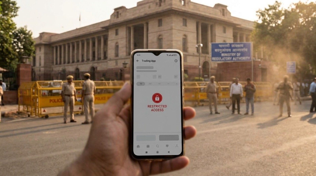 Smartphone displaying a blocked prediction-market trading app against the backdrop of Indian regulatory enforcement.