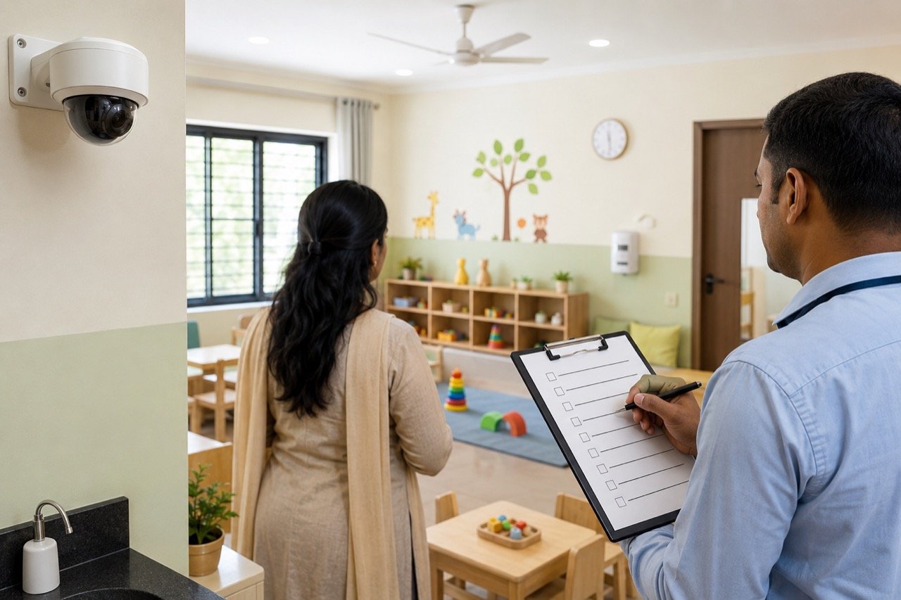A brightly lit daycare room with toys and small chairs, a CCTV camera visible in the corner, symbolising new child safety oversight in Karnataka