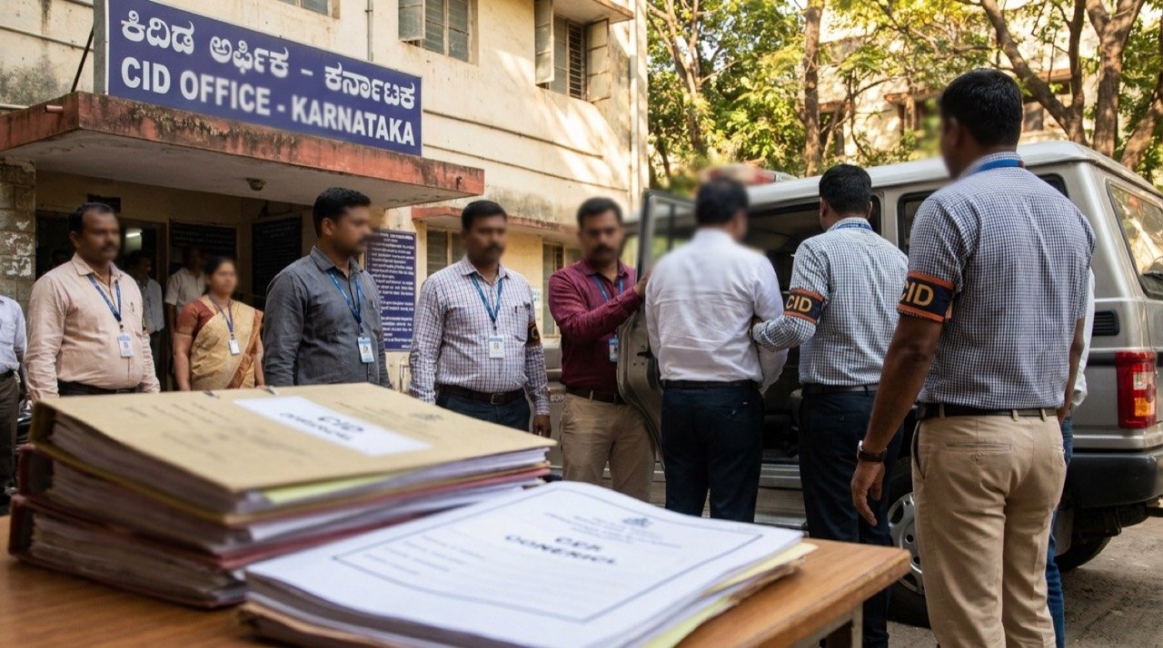 Karnataka CID officials in connection with the Hassan land allotment case and the arrest of former JD(S) MLA K S Lingesh