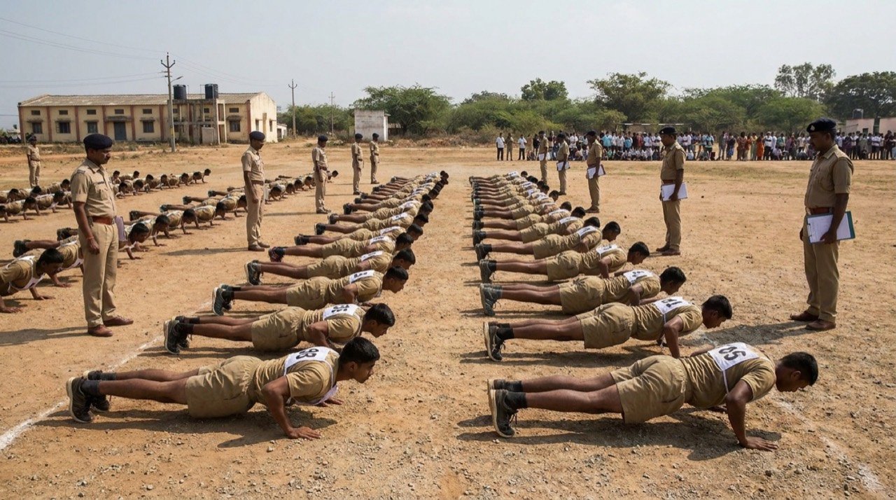Karnataka Police armed constable recruits lined up during a physical endurance test on a parade ground.
