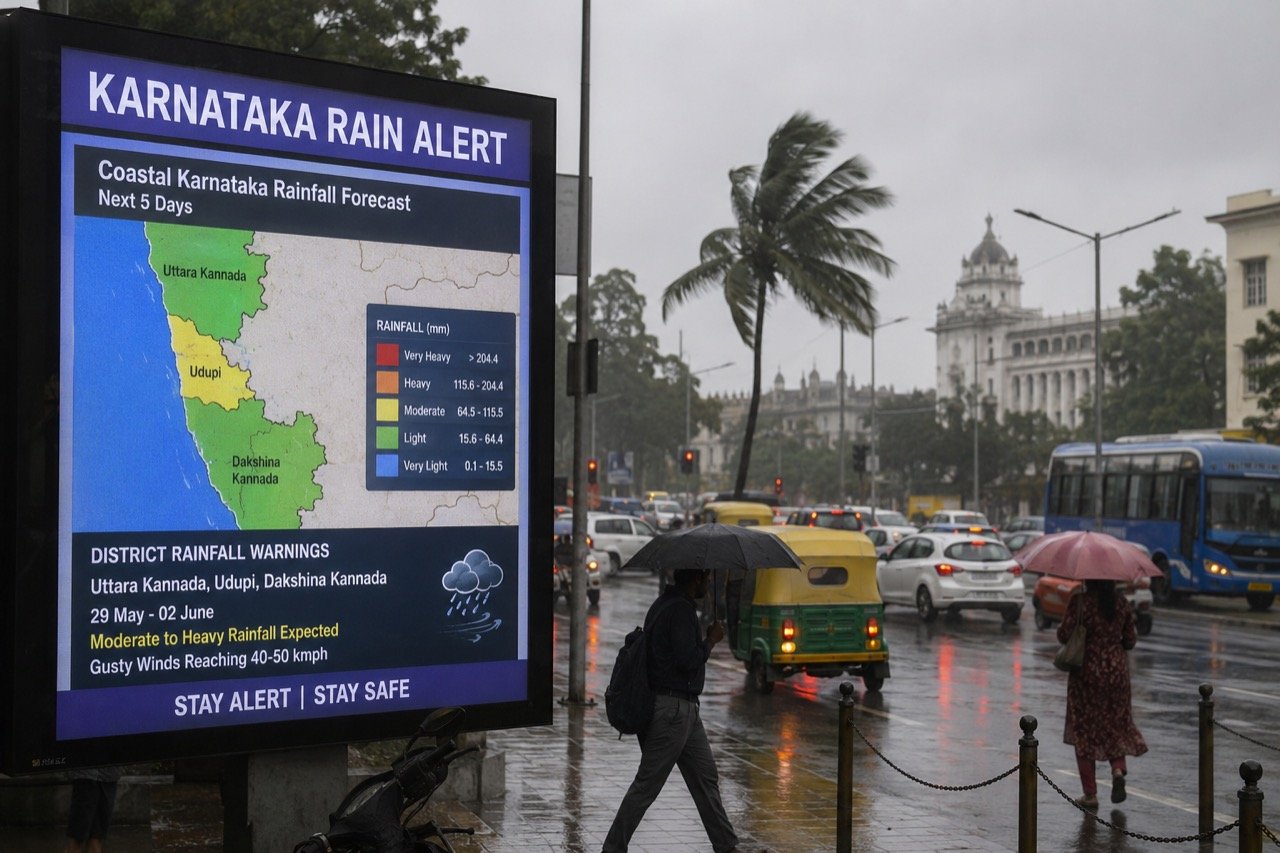 Heavy monsoon rain lashing a waterlogged Bengaluru street as commuters with umbrellas navigate traffic under dark grey skies