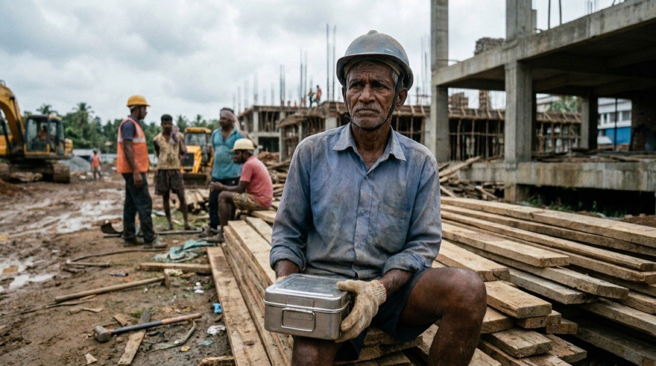 Elderly construction worker at a building site in Kerala, representing pensioners awaiting welfare arrears