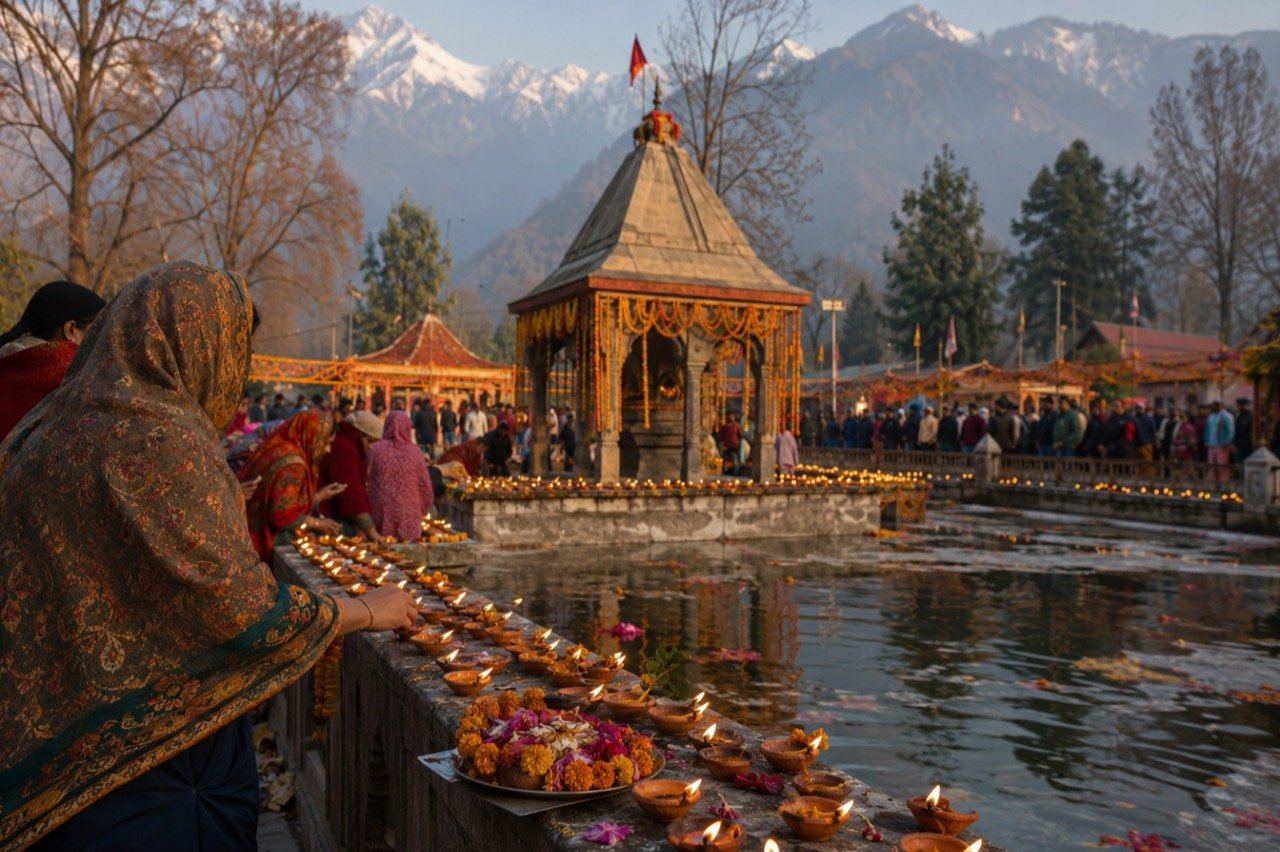 Devotees gathering at the Kheer Bhawani temple during the annual mela in Kashmir