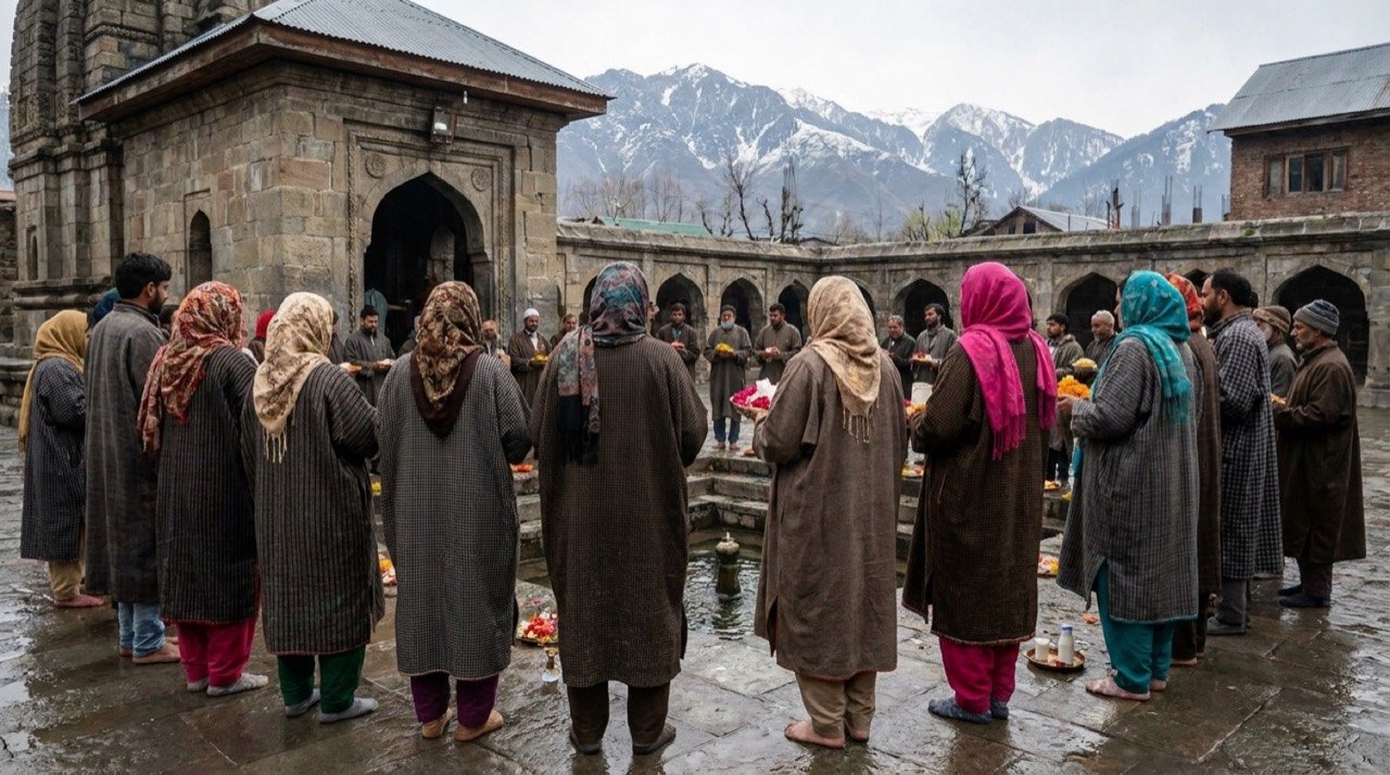 Kashmiri Pandit devotees offering prayers at the Kheer Bhawani temple in Tulmulla, Ganderbal