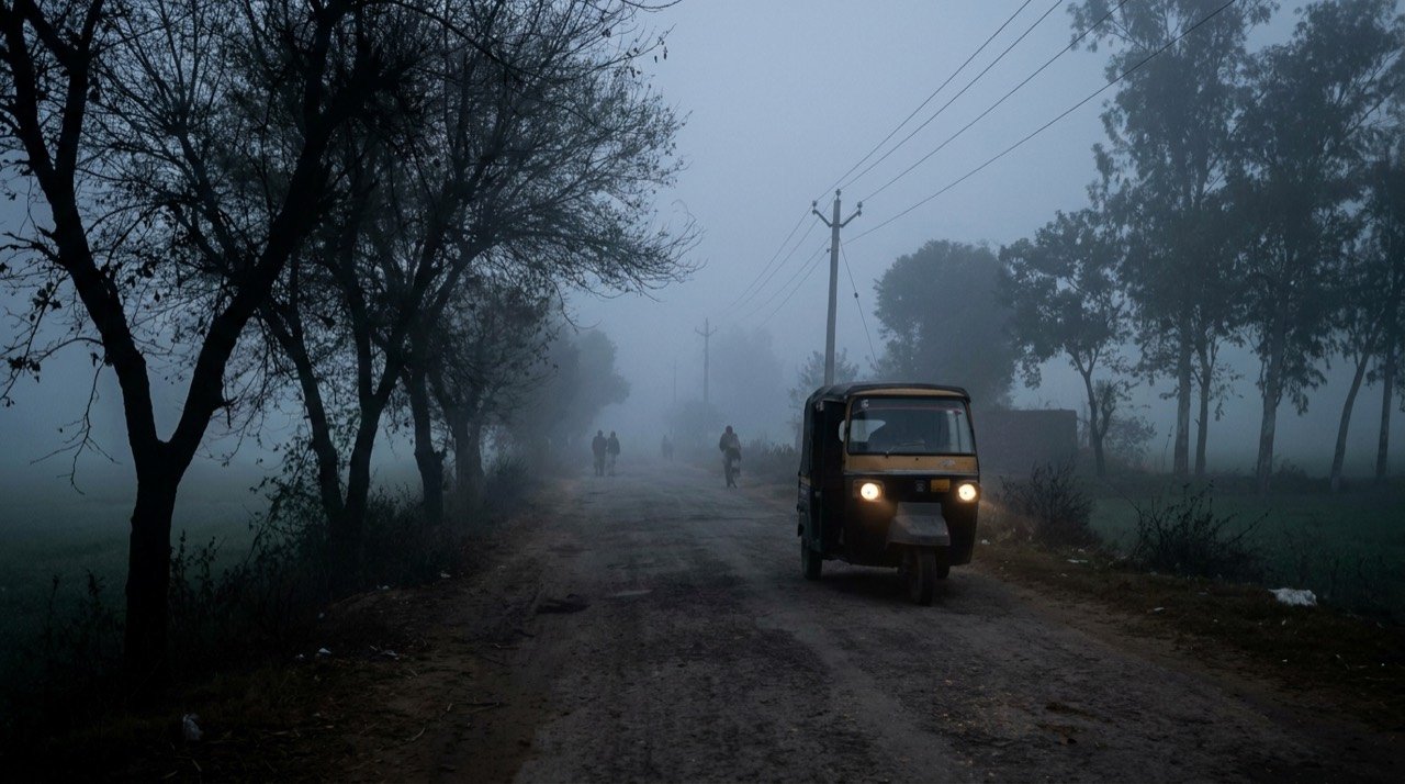 A fog-shrouded rural Punjab road at dawn evoking the moody tone of a crime drama series.