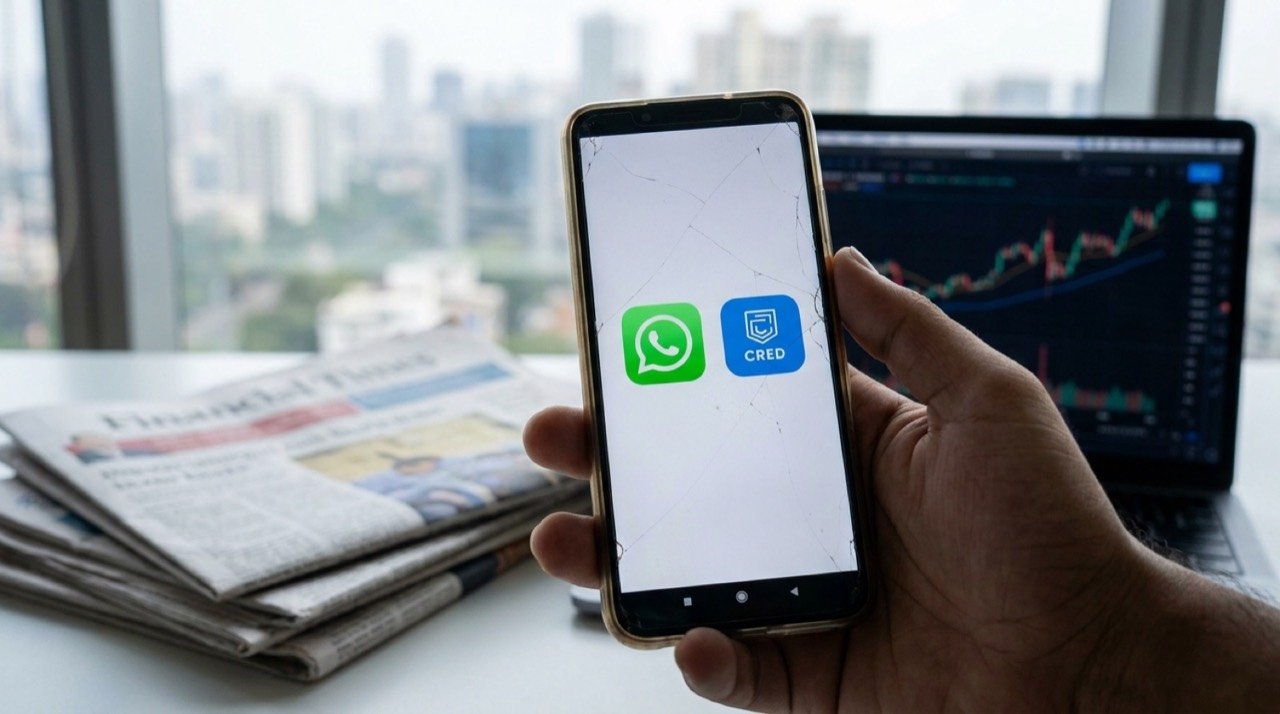 Smartphone displaying the WhatsApp logo alongside a CRED app icon, symbolising Kunal Shah's appointment and Meta's investment