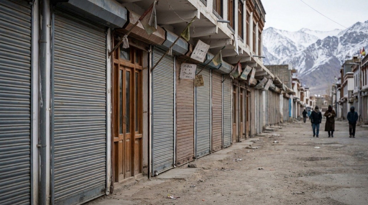 Shuttered market in Leh during a Ladakh shutdown over statehood and constitutional safeguards
