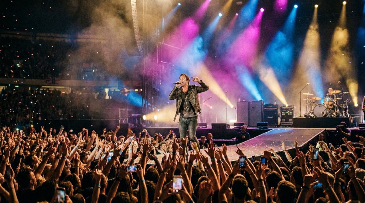 A large open-air concert crowd at dusk with stage lights sweeping over a festival ground.