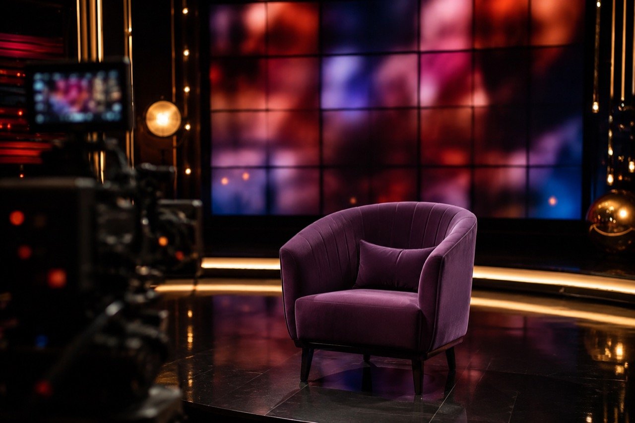 A dramatic reality TV set with prison-style bars and studio lights, a contestant seated in a confessional booth facing cameras