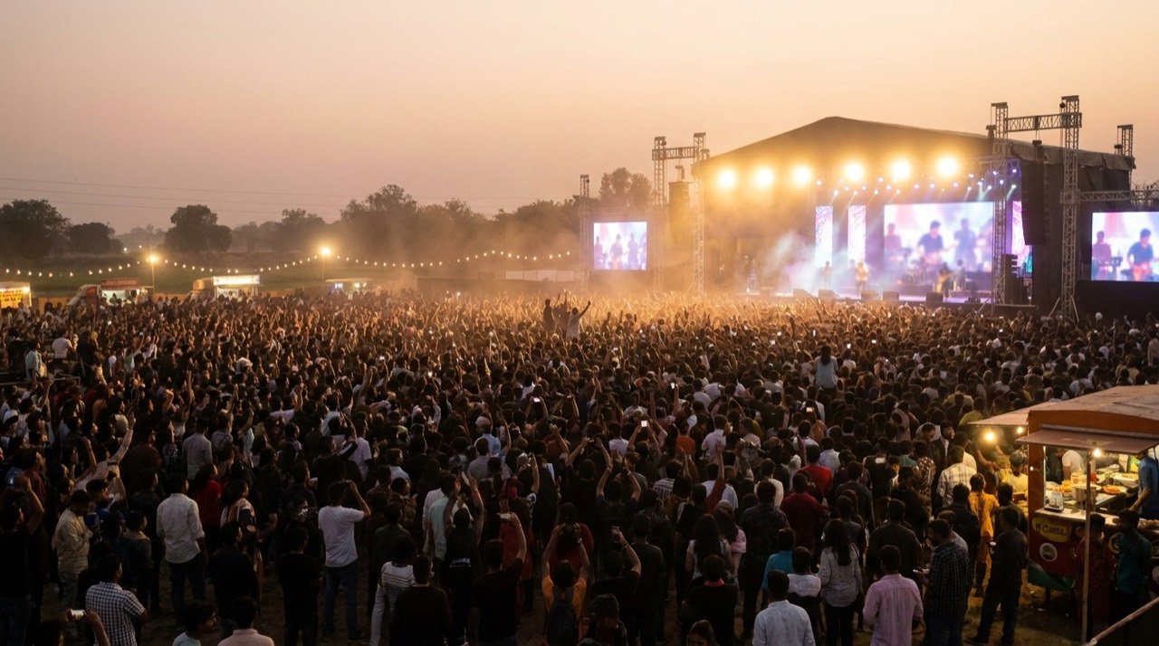 A large open-air music festival crowd at dusk facing a brightly lit main stage.