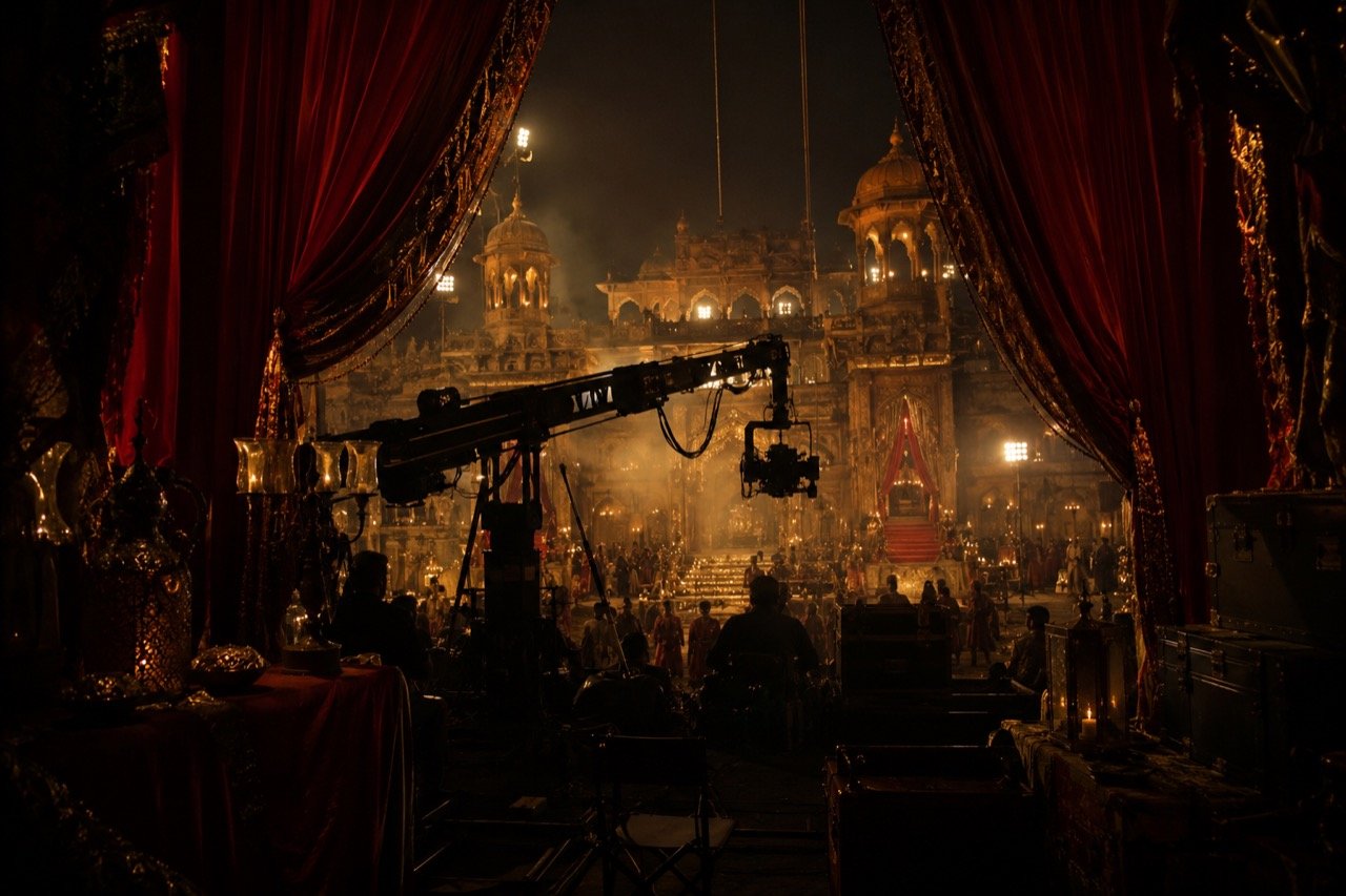 Cinematic film set with dramatic lighting, vintage props and a director's chair evoking a grand Bollywood period romance production