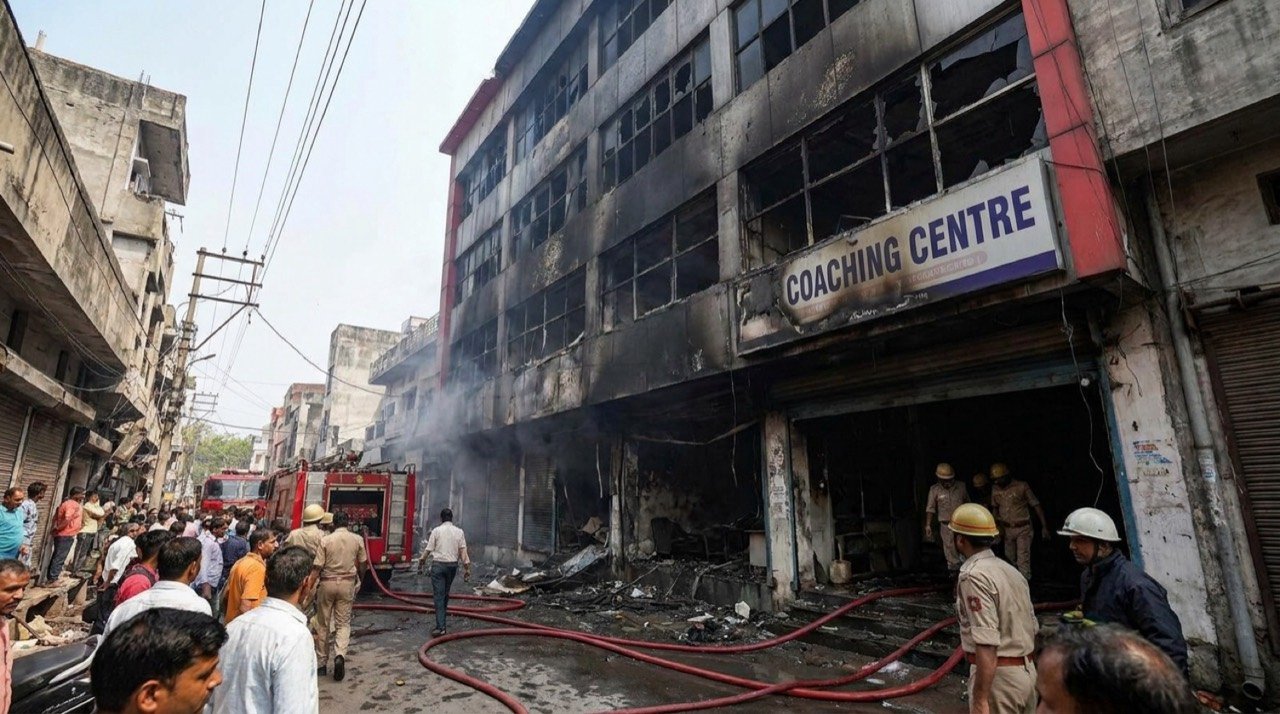 Fire-damaged commercial building in Lucknow's Aliganj area that housed a coaching centre
