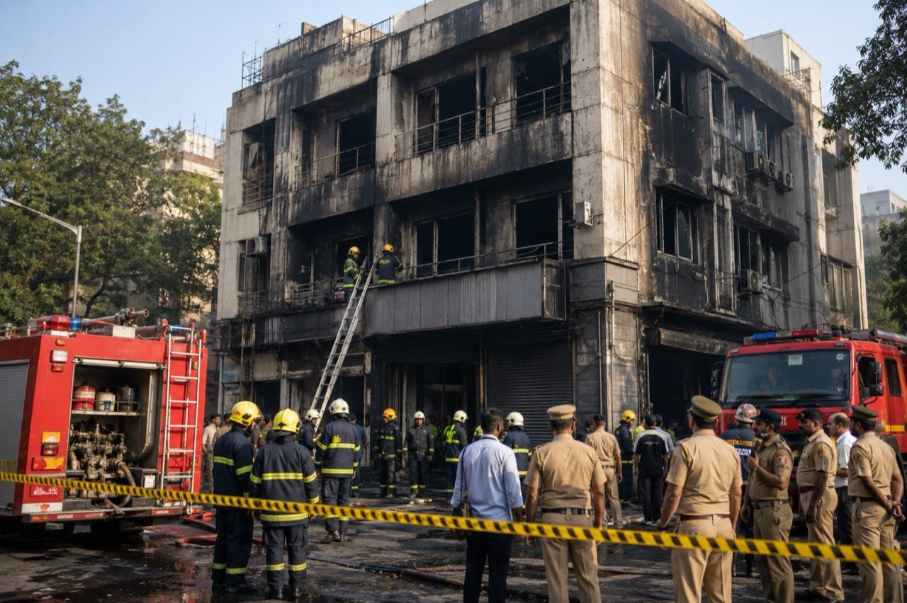 Firefighters and emergency crews tackling a blaze at a multi-storey commercial building housing a coaching centre in Aliganj, Lucknow
