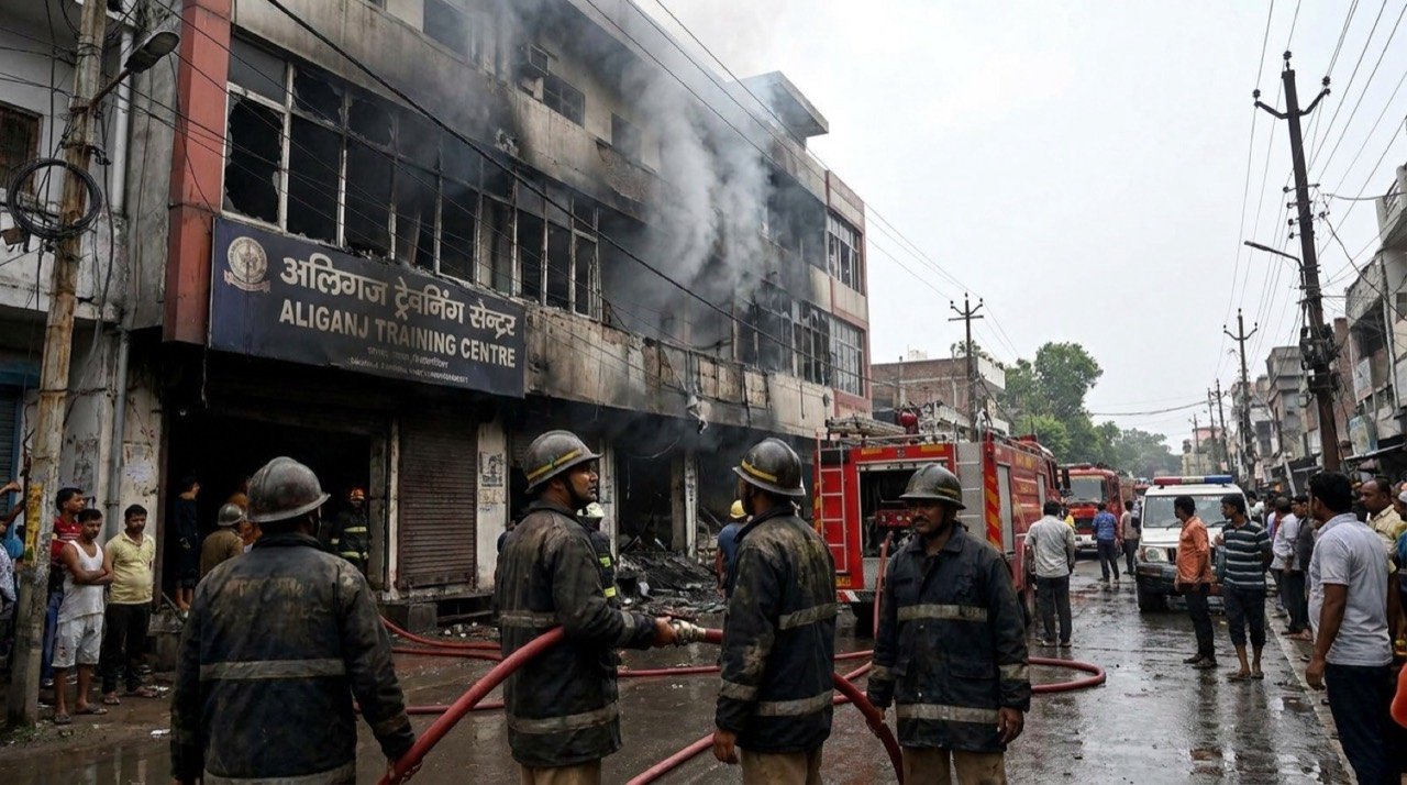 Firefighters at a three-storey commercial building in Lucknow's Aliganj after a fire killed 15 people at a training centre