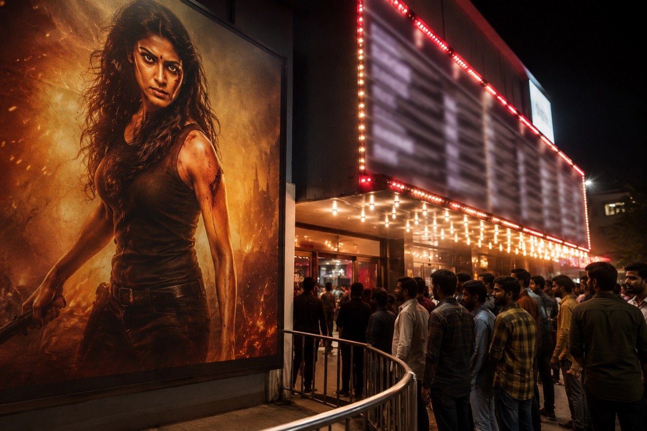 A brightly lit single-screen cinema in Andhra Pradesh at dusk, with a large Telugu action-drama poster above the entrance and moviegoers queuing at the box office window