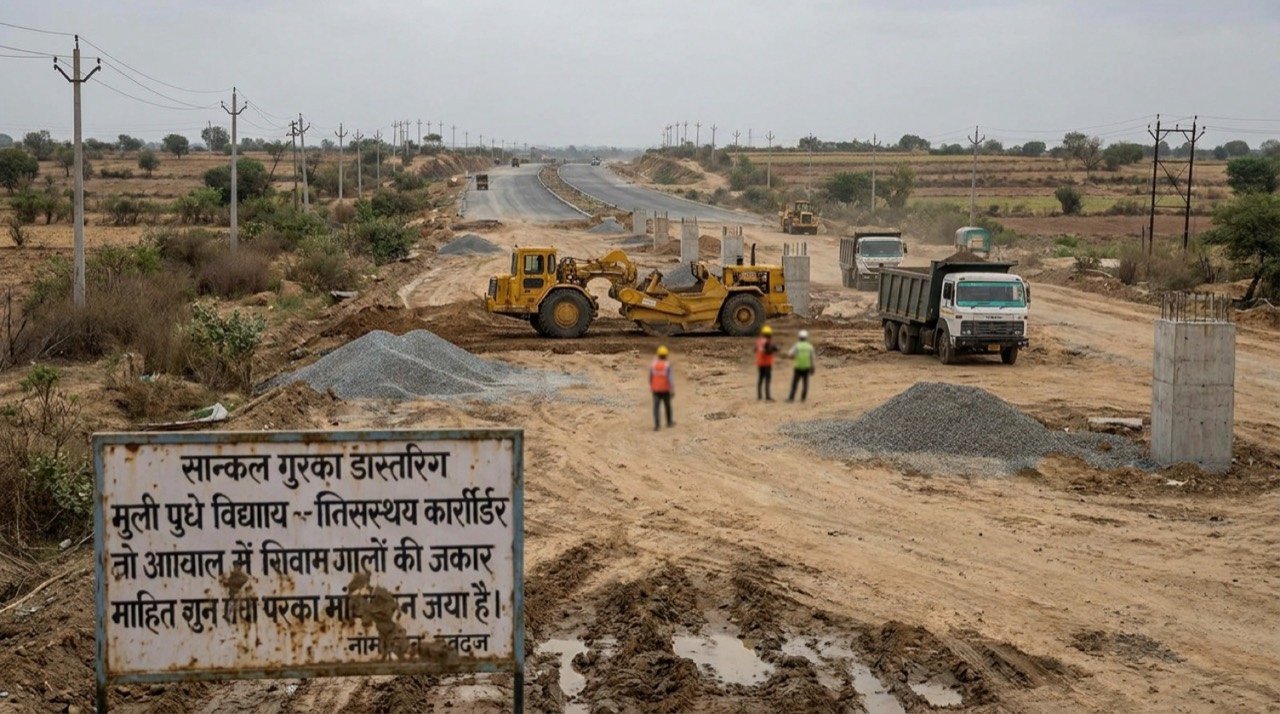 Road and development corridor under construction near Ujjain in Madhya Pradesh, the focus of land-deal scrutiny.