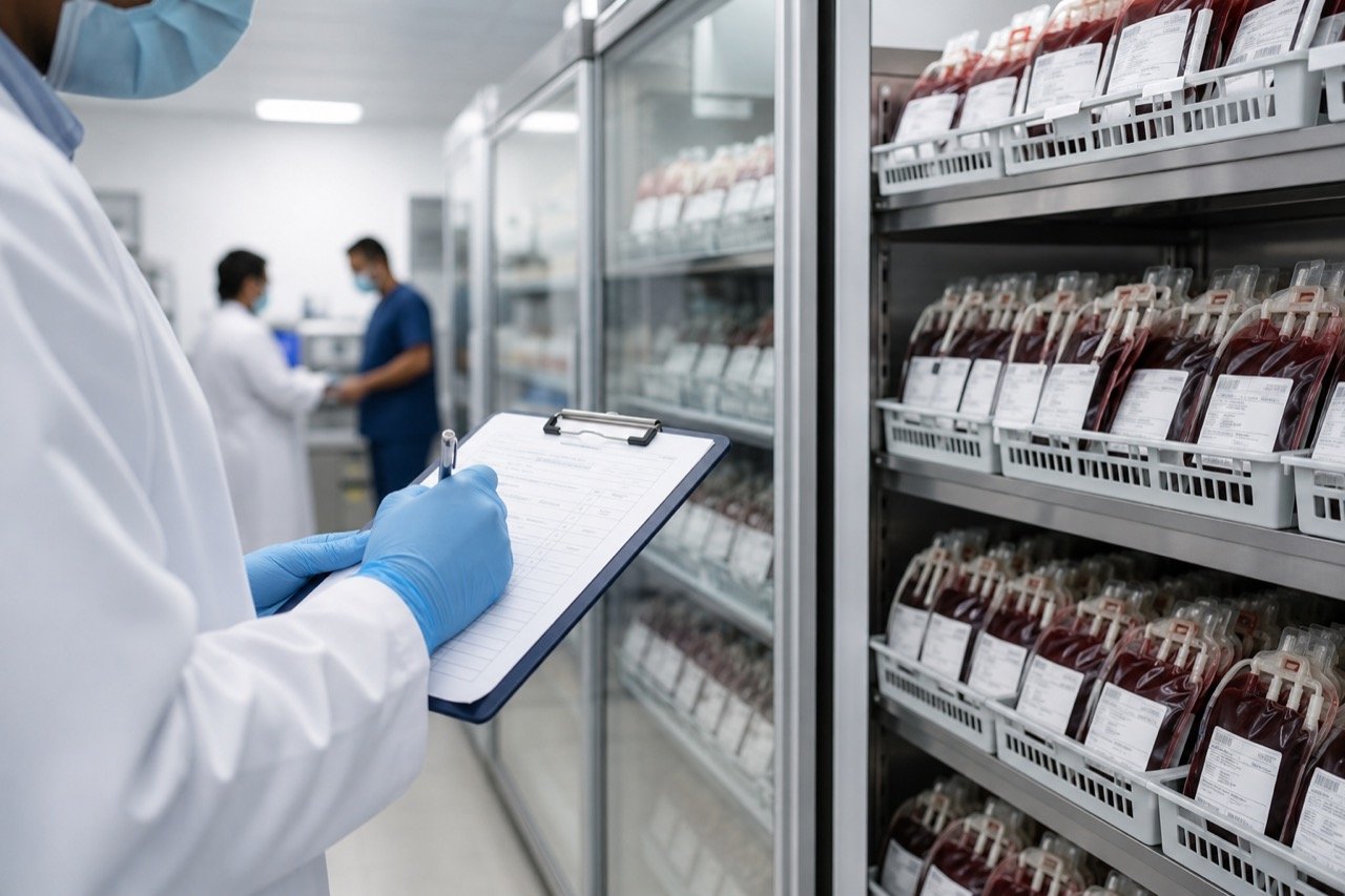 Blood bags stored in a refrigerated medical unit at a blood centre, with a health inspector in a white coat reviewing records on a clipboard