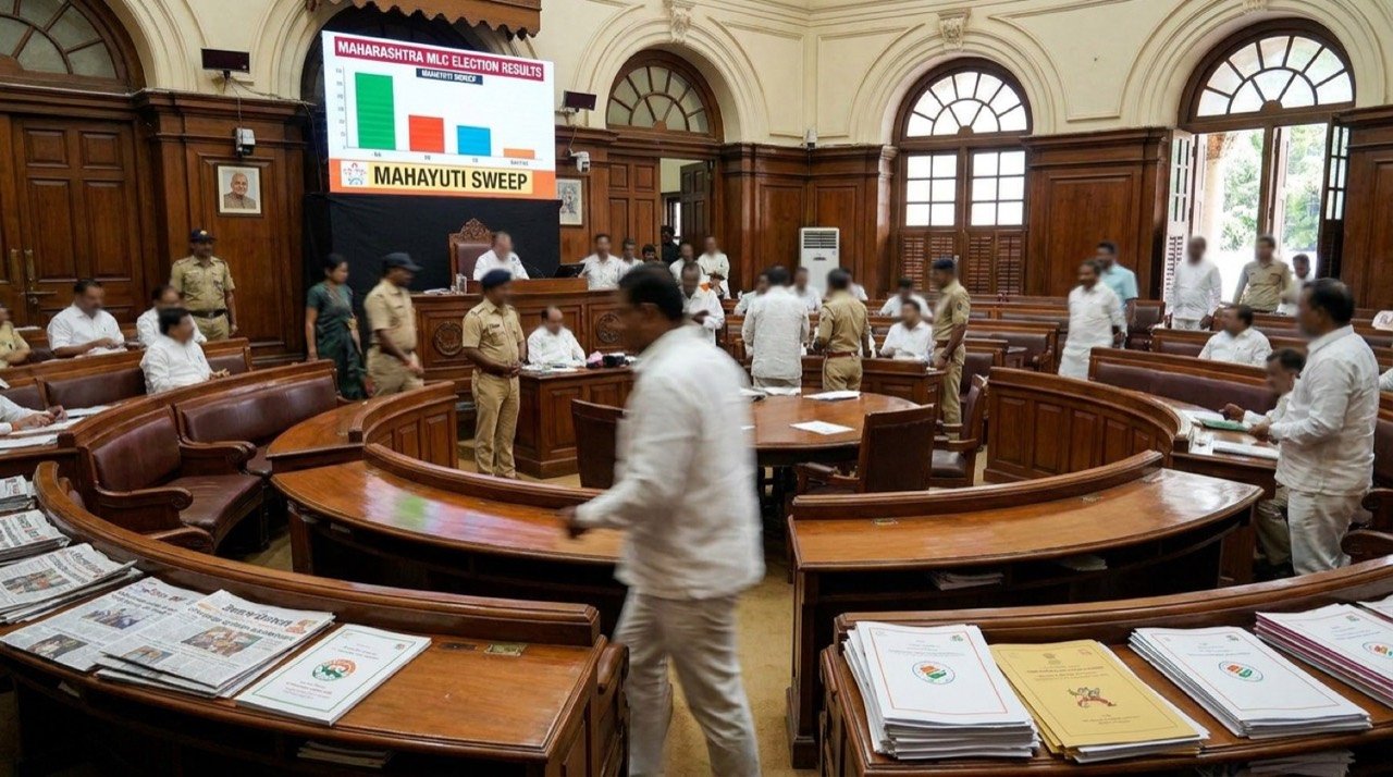 Maharashtra Legislative Council chamber in Mumbai reflecting the Mahayuti alliance's MLC election sweep
