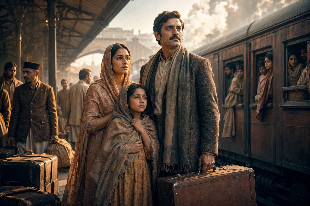 A packed Indian cinema hall with an audience watching a sweeping period romance on screen, warm golden light spilling from the projector