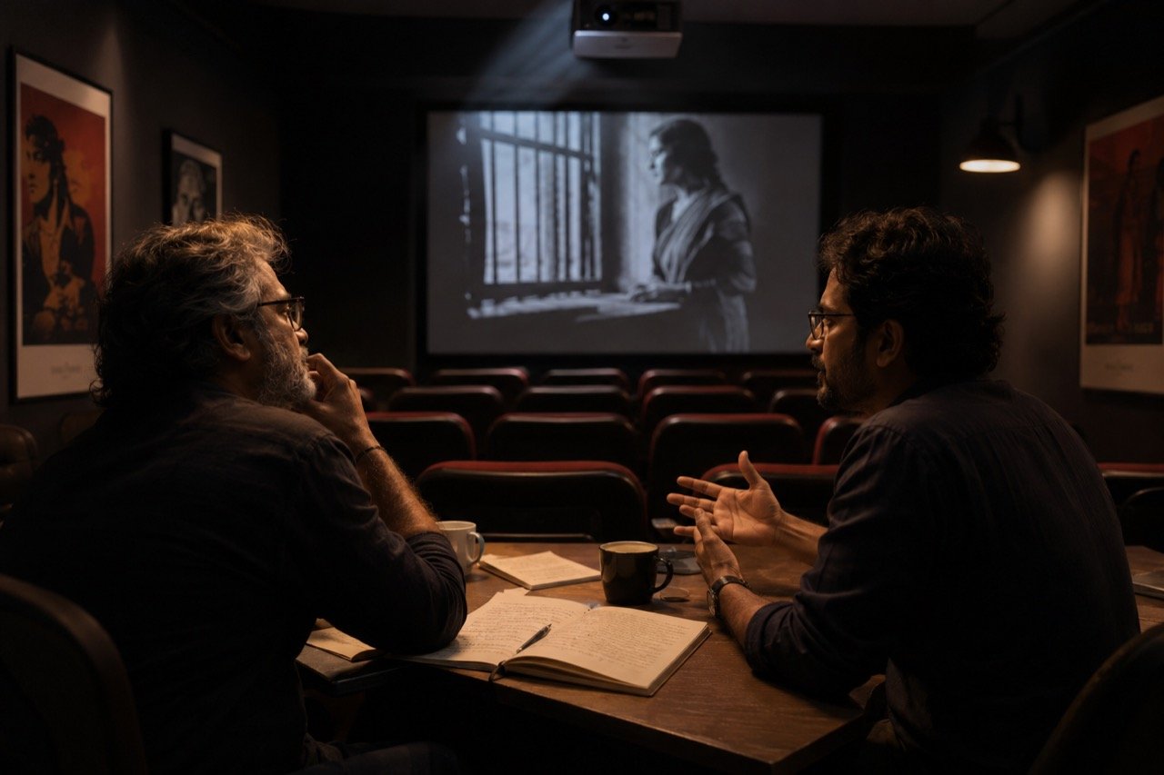 A contemplative cinema scene with a lone spotlight on a film reel and a rising audience applause silhouette, evoking an emotional Hindi drama winning hearts slowly