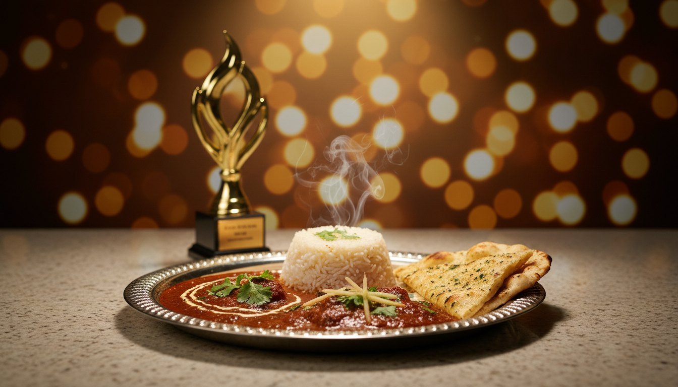 An Indian thali of curry, rice and naan beside a golden trophy, marking a MasterChef India finale